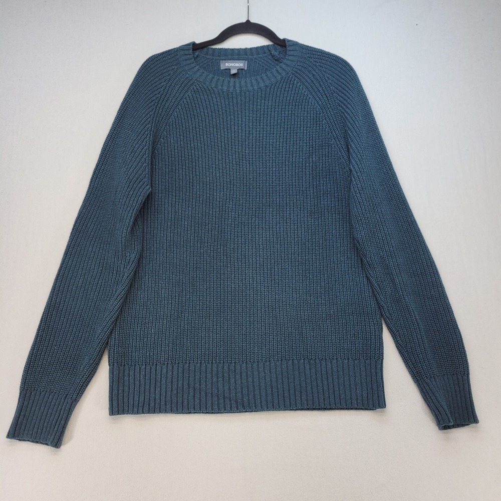 Bonobos Sweater Mens Medium Teal Blue Cotton Cashmere Ribbed Knit Crewneck